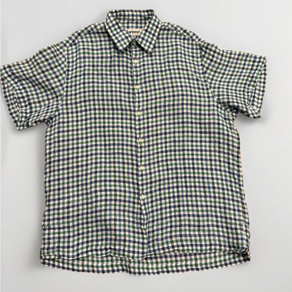 Barbour Men Blue Check Short Sleeve Button Down Cotton Tailored Fit Shirt Medium